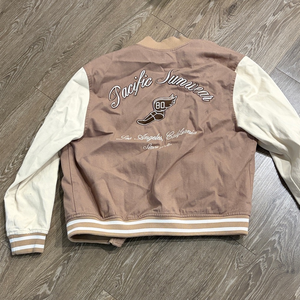 Pacific Sunwear Two-Tone Varsity Jacket in Dusty Rose & Cream